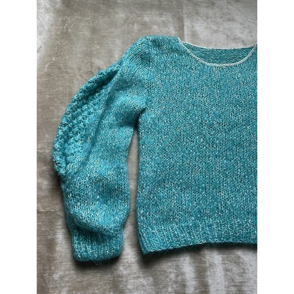 Vintage mohair Blend Sweater Woman Crew Blue Teal Turquoise White Wide Sleeves - Picture 2 of 16